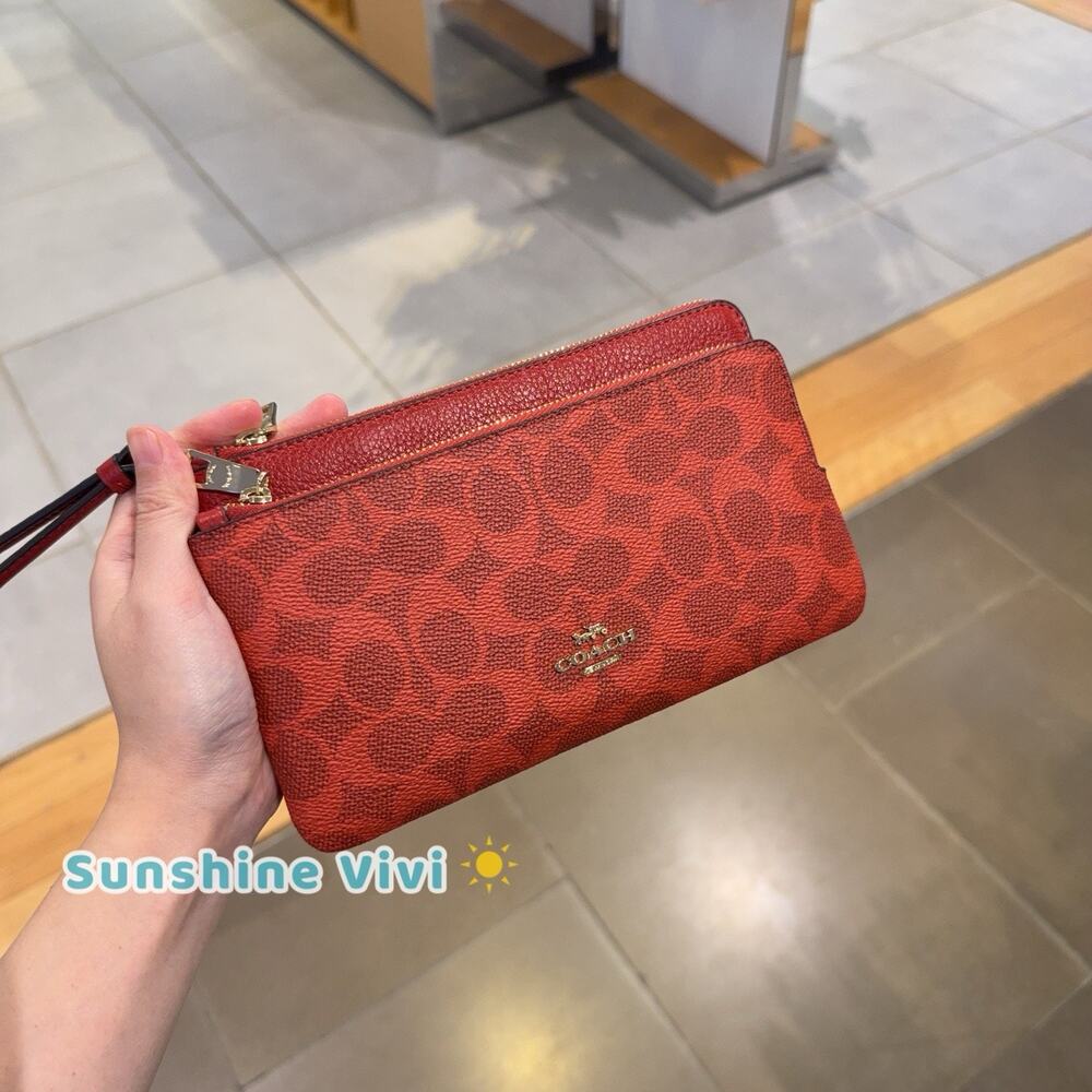 NWT Coach CX161 Double Zip Wallet Signature Canvas Wristlet IM/CRIMSON